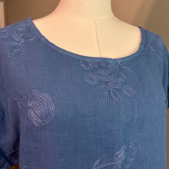 TERZO MILLENNIO Lagenlook 100% Linen Top Sz Sm Embroidered Scrollwork Shirt Blue - Picture 2 of 8